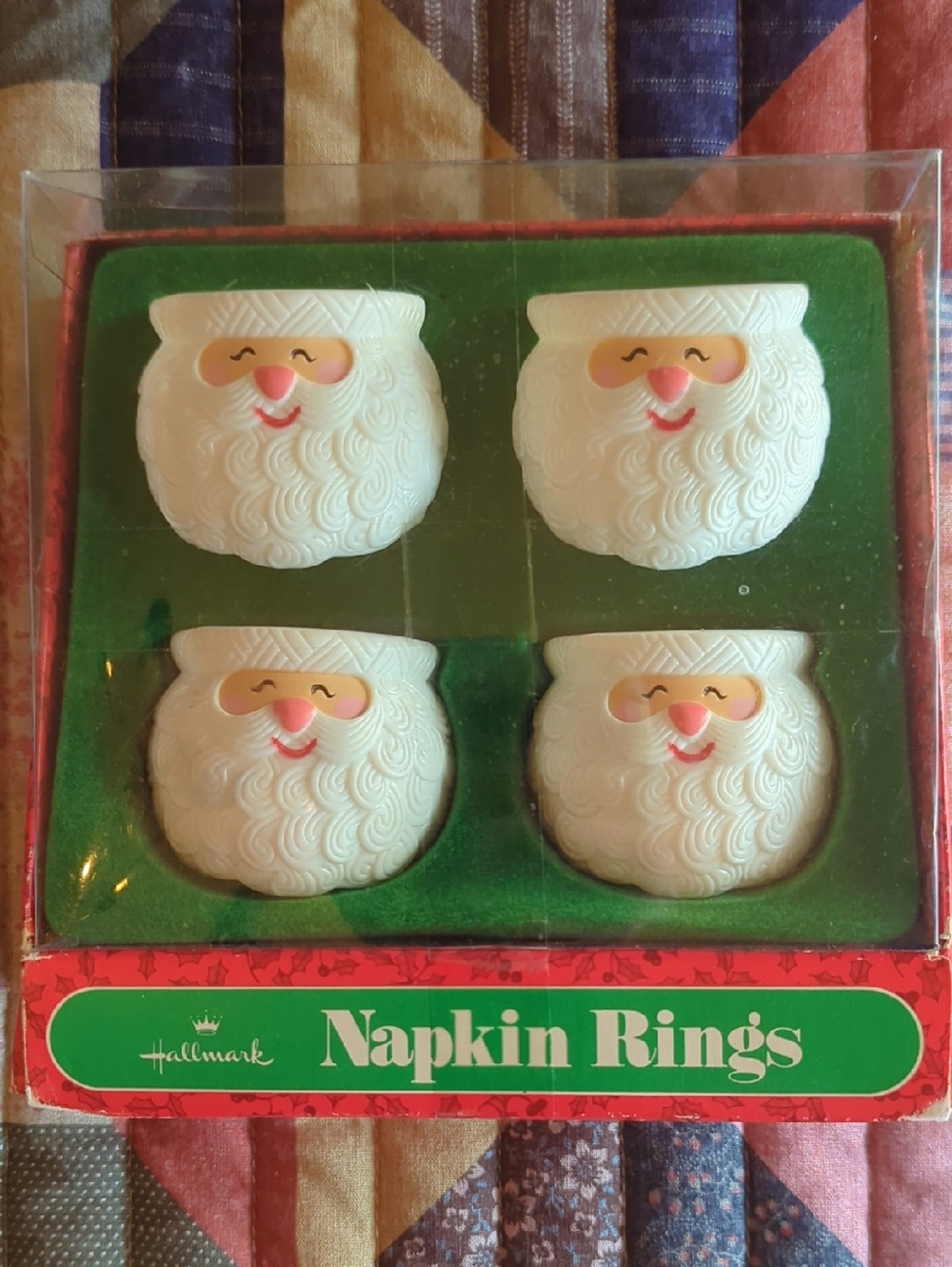 Hallmark White Santa Face Napkin Rings with Pink Cheeks and Red Noses - Set of 4